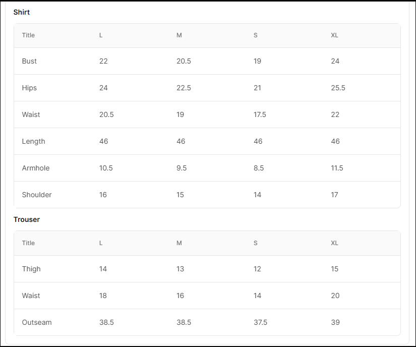 Size chart for Shams Black