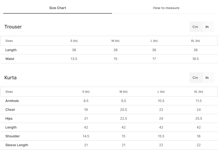 Size chart for Soft