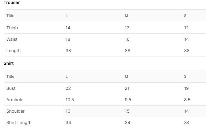 Size chart for Spark