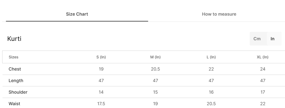 Size chart for Surkhab