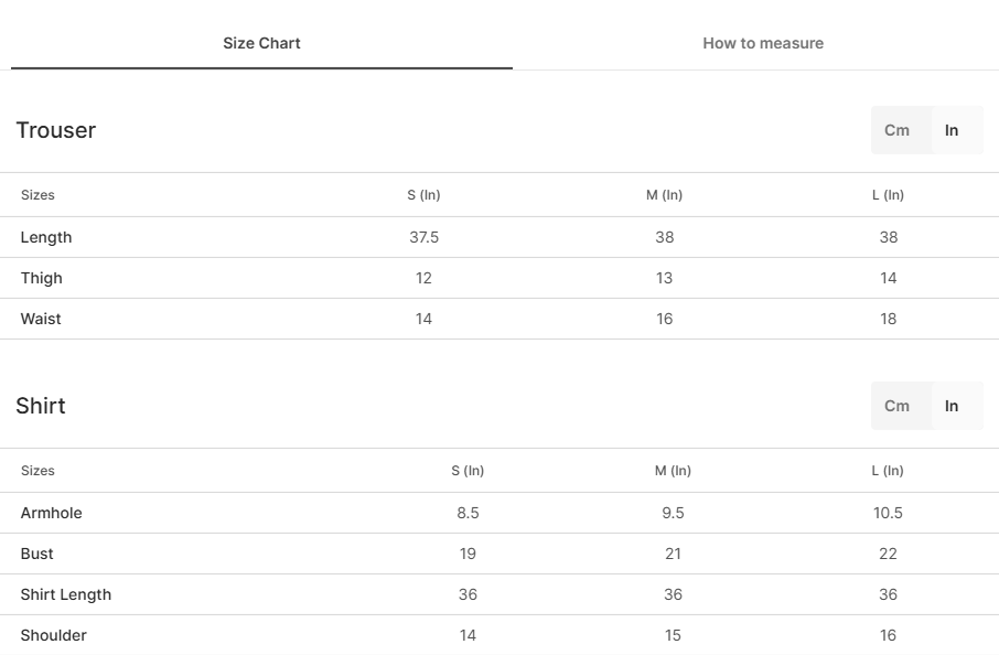 Size chart for Tashu