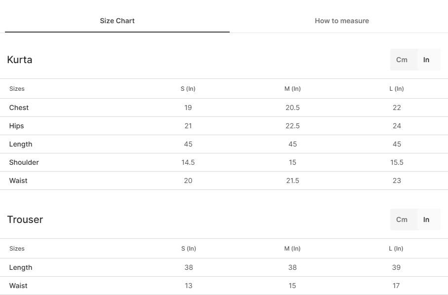 Size chart for Urfana