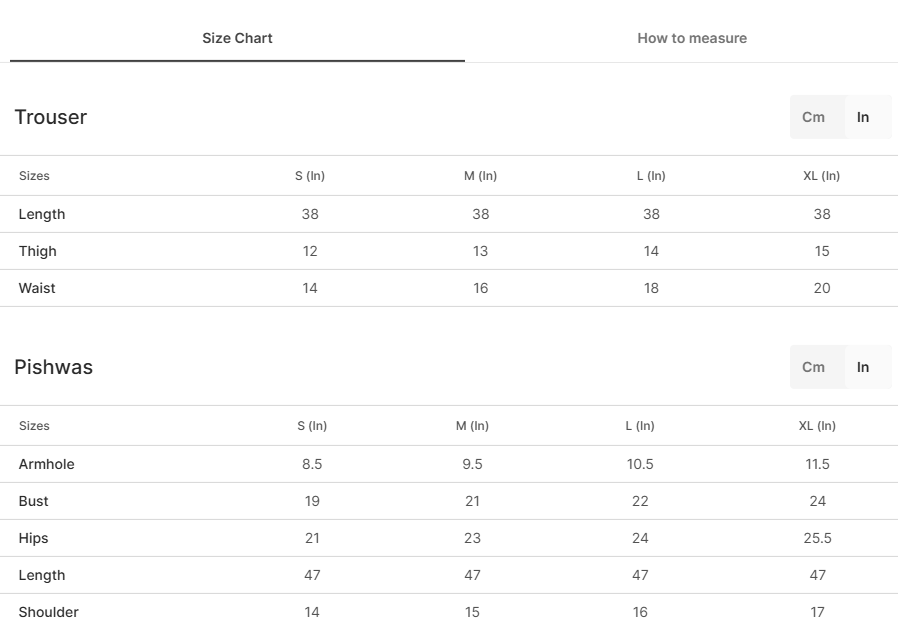 Size chart for Uswa