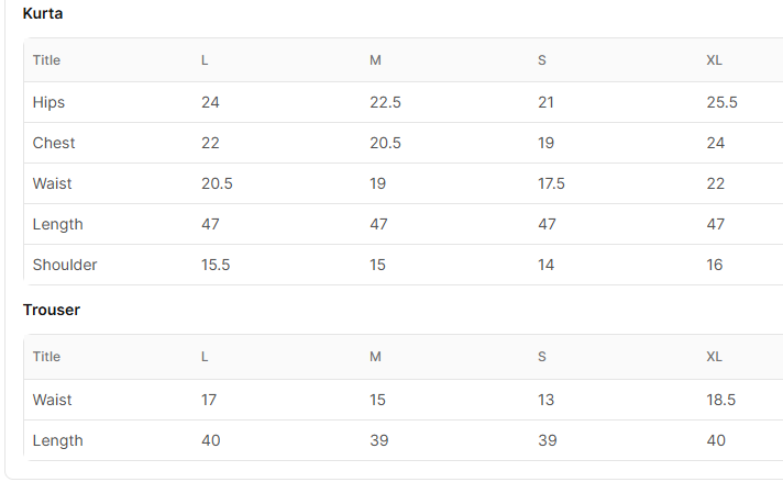 Size chart for Valena Off-White