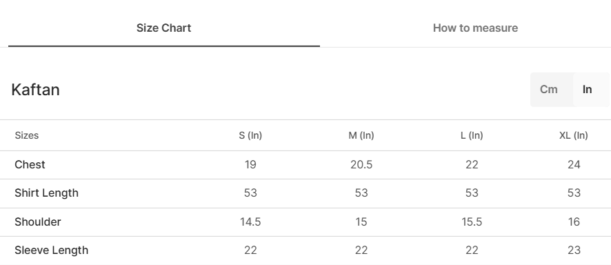 Size chart for Veil Navy
