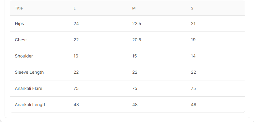 Size chart for Zafina Black