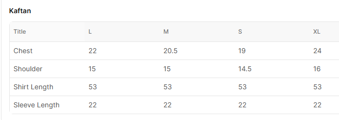 Size chart for Zakia Black