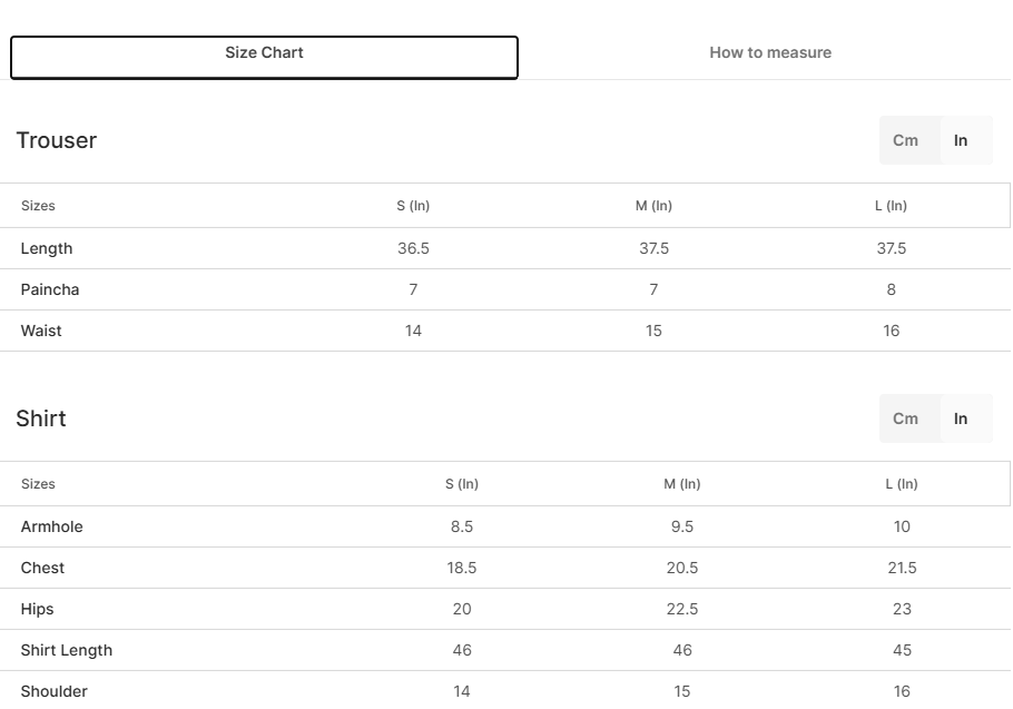 Size chart for Zaviyar Black