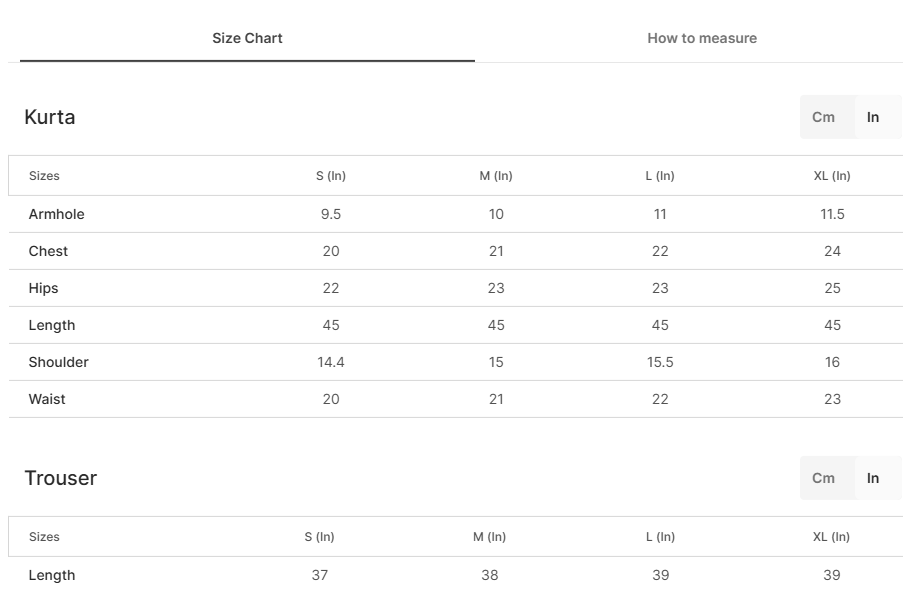 Size chart for Zeenara